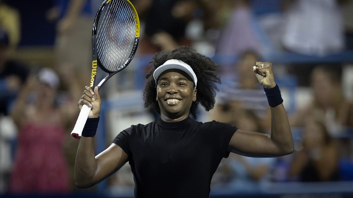 Venus Williams celebrates her victory in Washington.