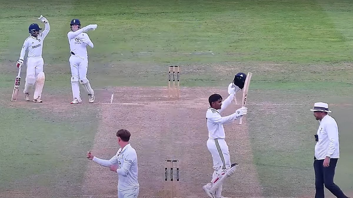 Essex Cricket YouTube screengrab : IND U19 Vs ENG U19, 2nd Youth Test: Ayush Mhatre celebrates his hundred on Day 4 in Chelmsford.