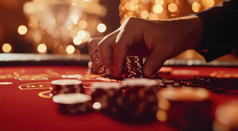 Hand placing casino chipa on a red gaming table