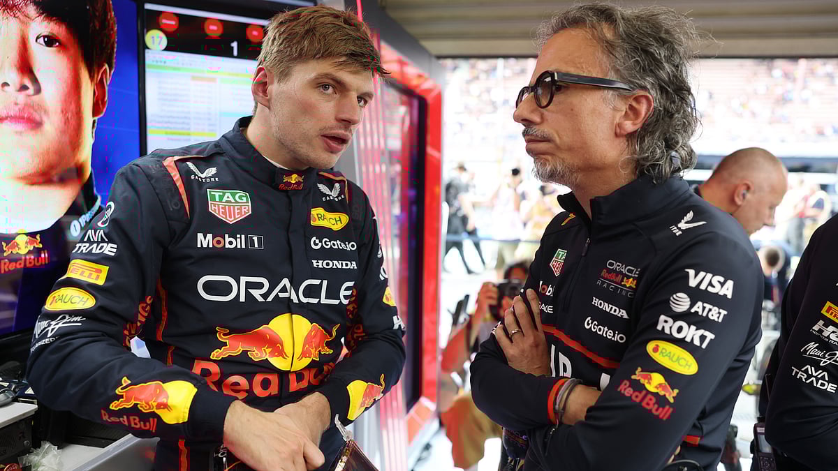Red Bull's Max Verstappen and Laurent Mekies