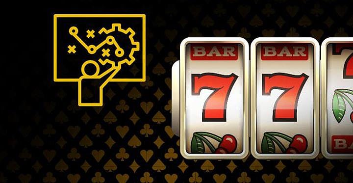 Slot machine strategy icon and winning 777 symbols on reels