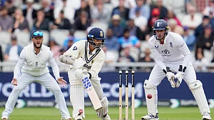 AP Photo/Jon Super : India's Washington Sundar plays a shot on the final day of the fourth cricket test match between England and India at Emirates Old Trafford, Manchester.
