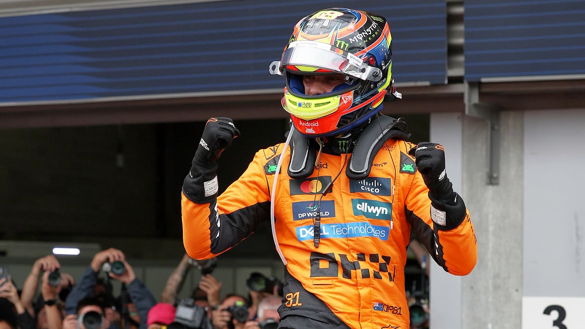 | Photo: Yves Herman, Pool Photo via AP : McLaren driver Oscar Piastri of Australia celebrates after winning the Formula One Grand Prix at the Spa-Francorchamps racetrack in Spa, Belgium, Sunday, July 27, 2025.