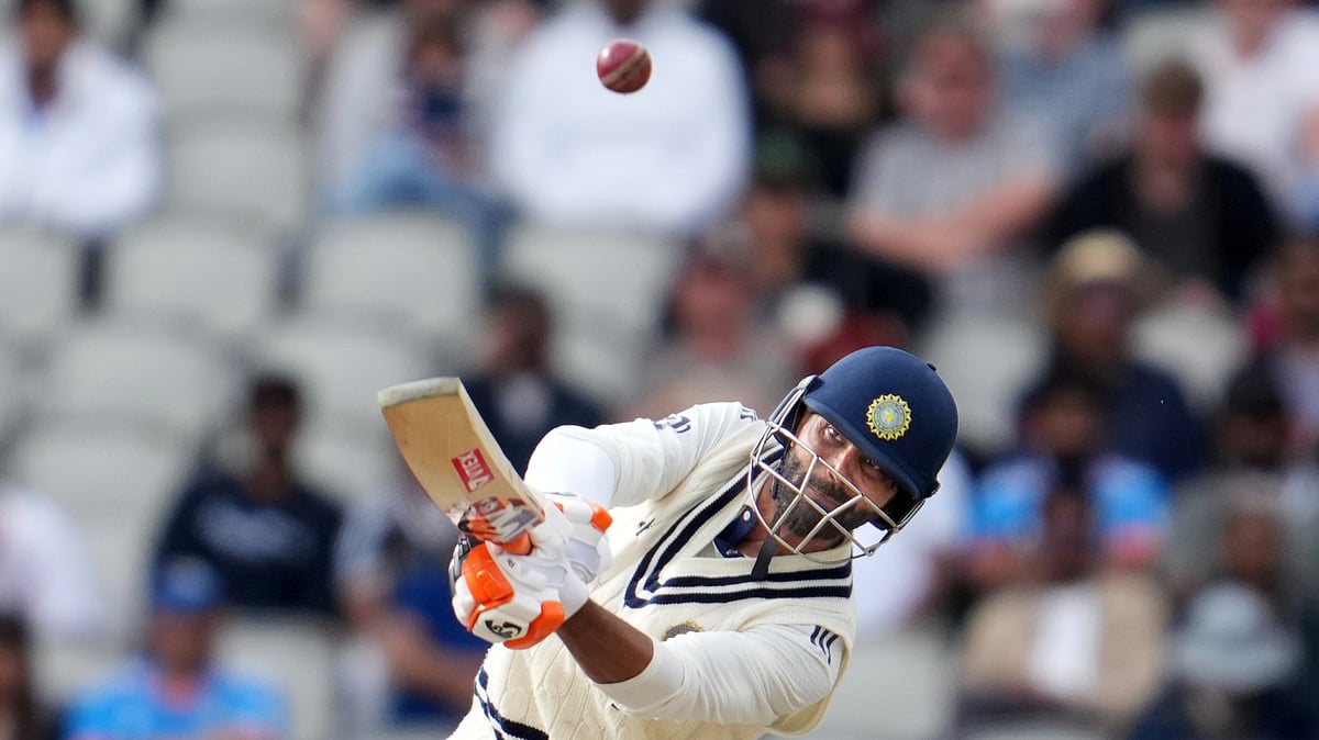 Indias Ravindra Jadeja plays a shot on the final day of the fourth. AP