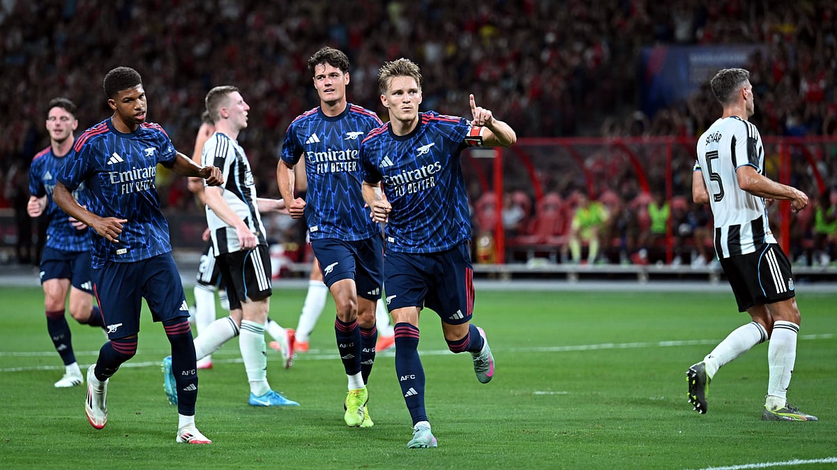| Photo: X/Arsenal : Arsenal vs Newcastle United: Martin Odegaard celebrates after scoring his penalty in the pre-season club friendly match.