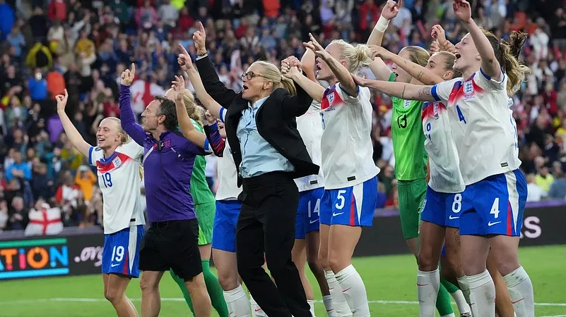 England head coach Sarina Wiegman celebrates after winning the Womens Euro 2025 final