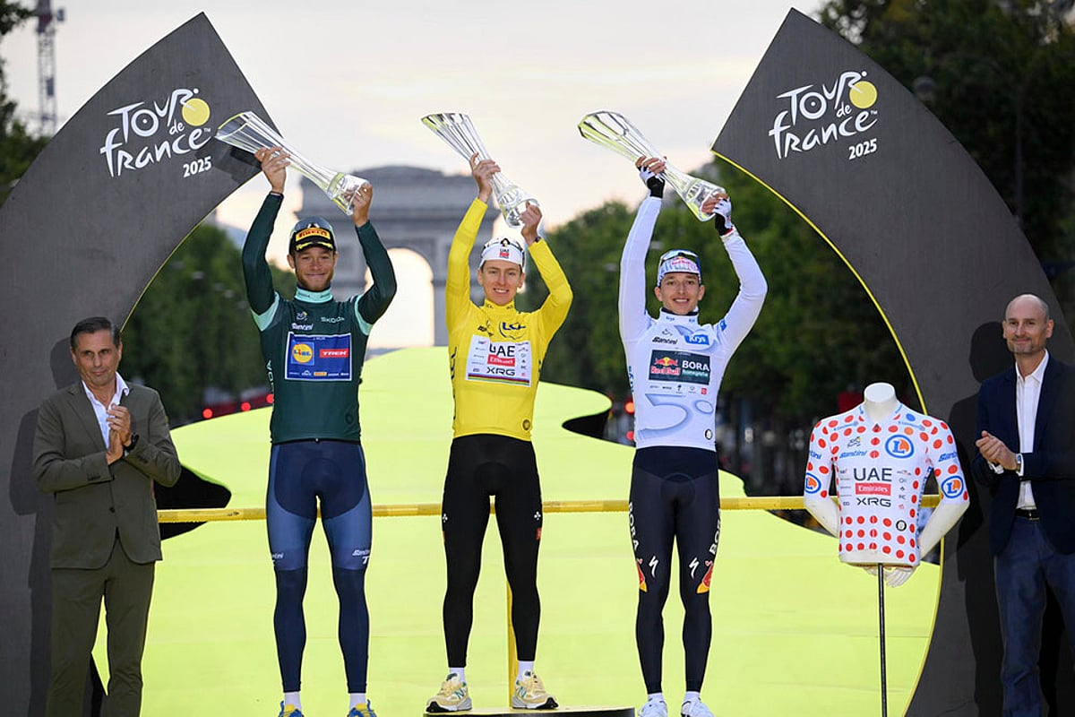 Tour De France 2025 cycling race Last stage photo: Jonathan Milan, Tadej Pogacar, Florian Lipowitz