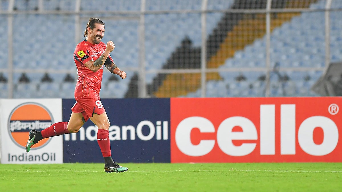 | Photo: Durand Cup : Mohammedan SC vs Diamond Harbour, Durand Cup 2025: Luka Majcen celebrates after scoring in the Group B fixture.