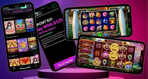 From Left: Uptown Pokies Lobby, Mobile Page. Cash Bandits 3, Fortunate Buddha