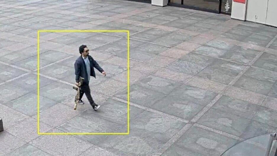 (AP Photo) : This image from surveillance video obtained by The Associated Press shows Shane Tamura outside a Manhattan office building on Monday, July 28, 2025 in New York. 