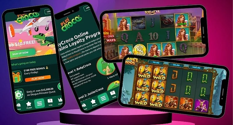 From Left: Playcroco Mobile Page, Promo Page, Vegas XL, Planet of the ‘Roos