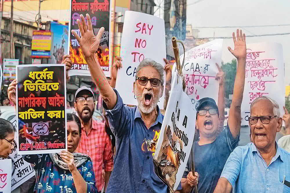 | Photo: PTI : In Protest: CPI-ML leaders staged a protest after the central government notified the rules for the implementation of the CAA in 2024