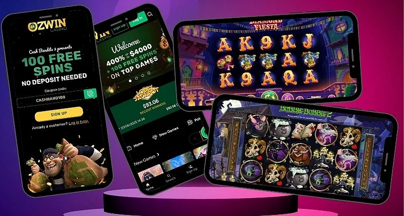 From Left: Ozwin Casino Mobile Page & Lobby, Diamond Fiesta, Bubble Bubble 2