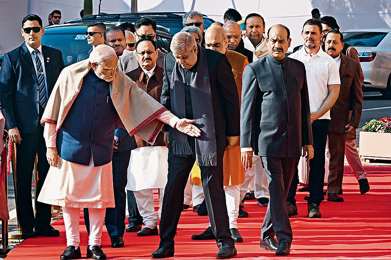 Prime Minister Narendra Modi with Jagdeep Dhankhar in Parliament on December 13, 2024