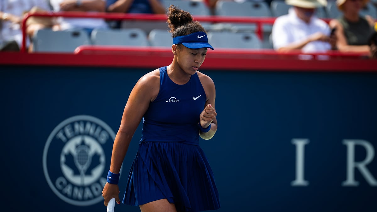 Naomi Osaka celebrates Wednesday's win over Liudmila Samsonova