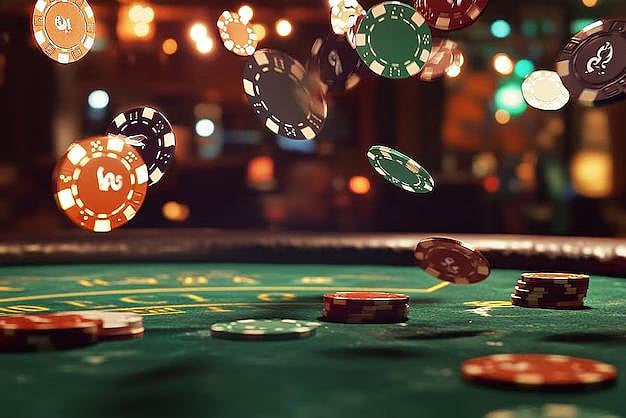 Flying casino chips on table