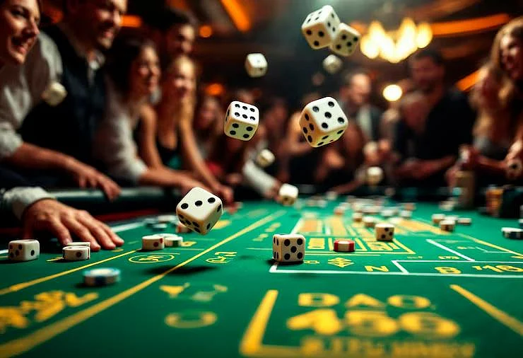 People playing at a casino table with dice flying in the air