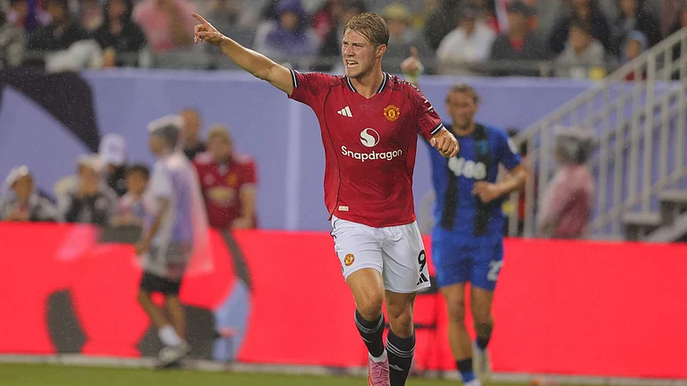 Manchester United striker Rasmus Hojlund in action against Bournemouth in the Premier League Summer Series. - null