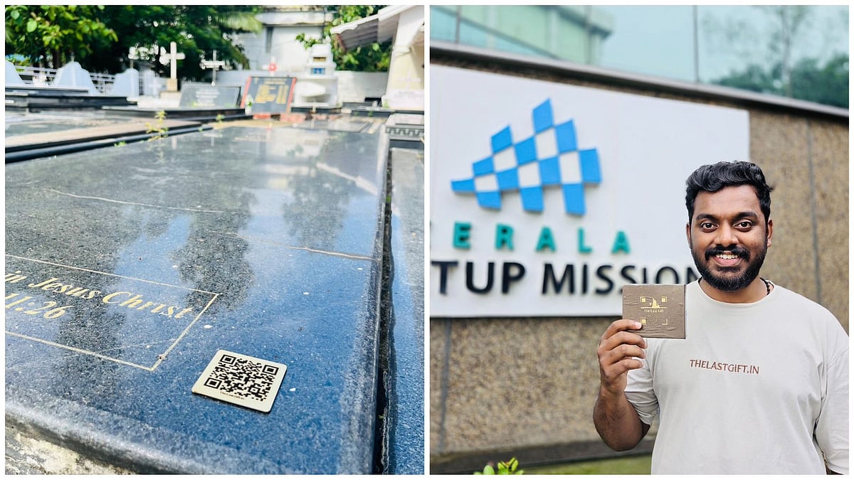 N K Bhoopesh : TheLastGift founder Stebin Chakkalakkal Xavier (R), who created the metallic QR code inscribed tomb 
                   