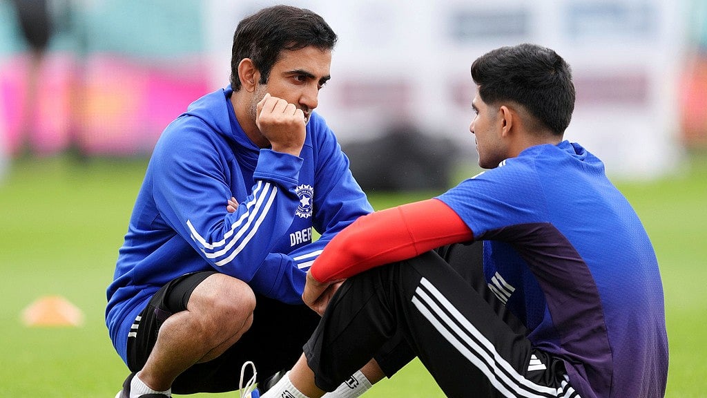 AP : India vs England, 5th Test: Shubman Gill (right) and Gautam Gambhir speak during a nets session at The Oval.