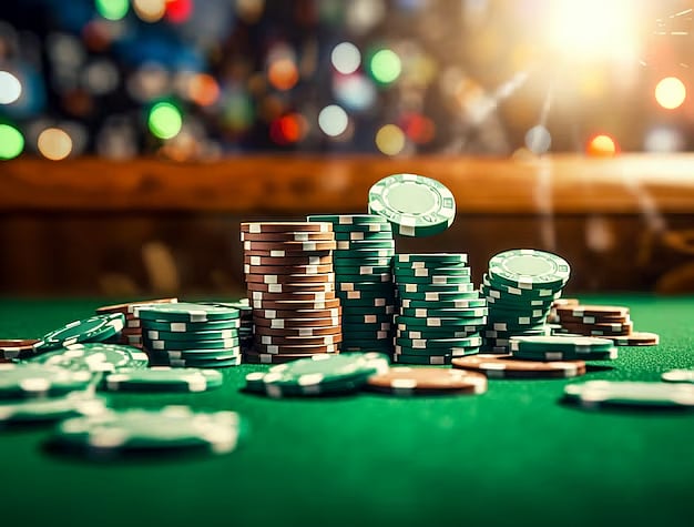 Casino coins on green casino table