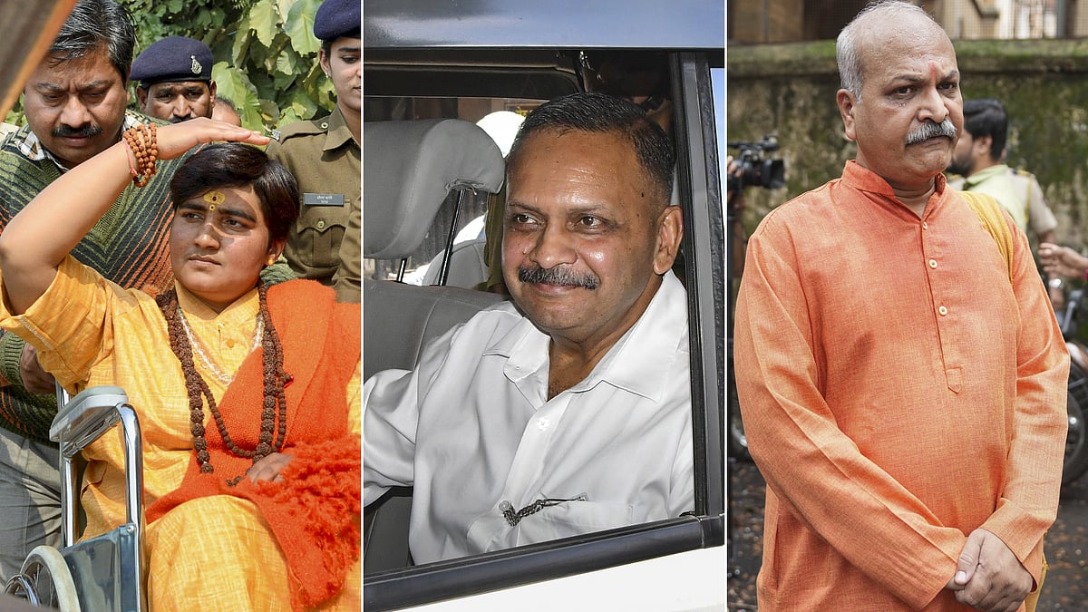 PTI : Malegaon blasts case accused BJP MP Pragya Singh Thakur, Lt Colonel Prasad Purohit and Sameer Kulkarni (L to R) gets clean chit.
