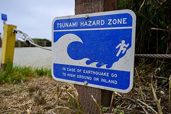 A view of 'Tsunami Hazard Zone' sign at Mavericks Beach near Pacific Ocean coastline in Moss Beach, California, United States on July 30, 2025. Tsunami alerts issued at California Coast after magnitude 8.8 earthquake off Russia. - Photo by Tayfun Coskun/Anadolu via Getty Images