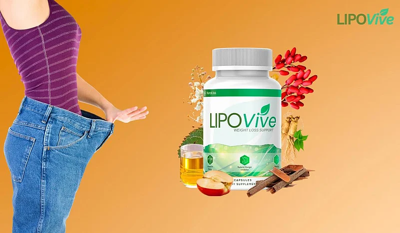 Weight loss shown with loose jeans and LipoVive bottle