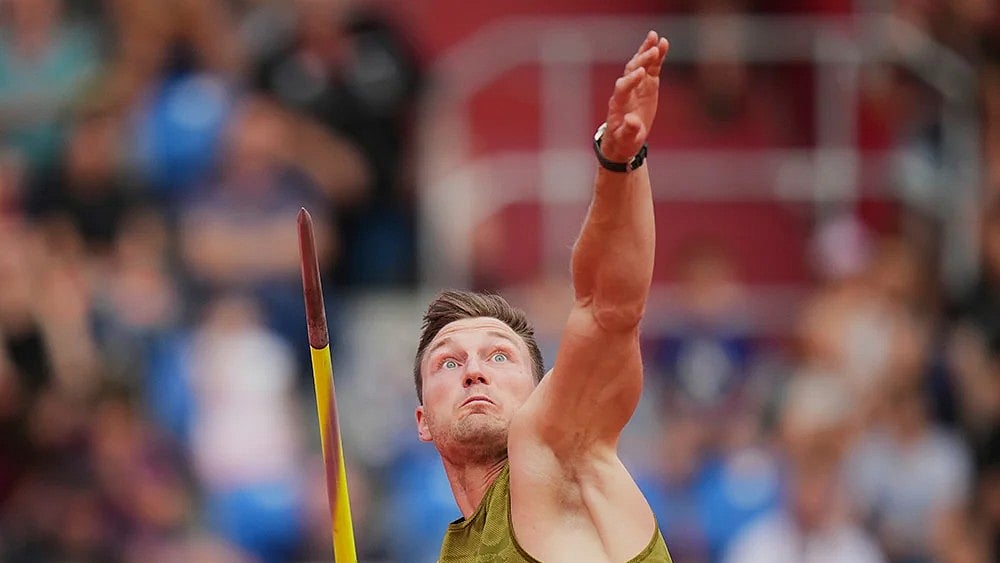 | Photo: AP/Petr David Josek : Thomas Roehler of Germany in action at Ostrava Golden Spike athletics meet.