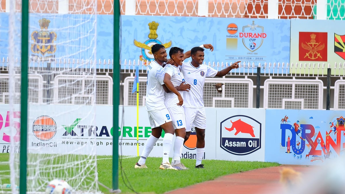 | Photo; Durand Cup/KUNAL BAGCHI                                                                                                                                                                                                                                                    : Indian Navy FT vs Real Kashmir FC, Durand Cup 2025: Vijay Marandi celebrates with his teammates after scoring in the Group F fixture.