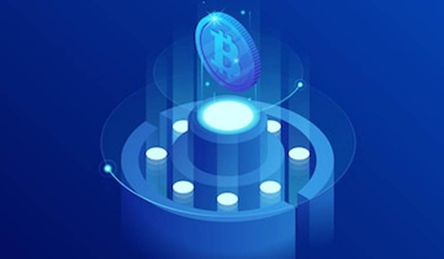 Digital Bitcoin coin above futuristic platform