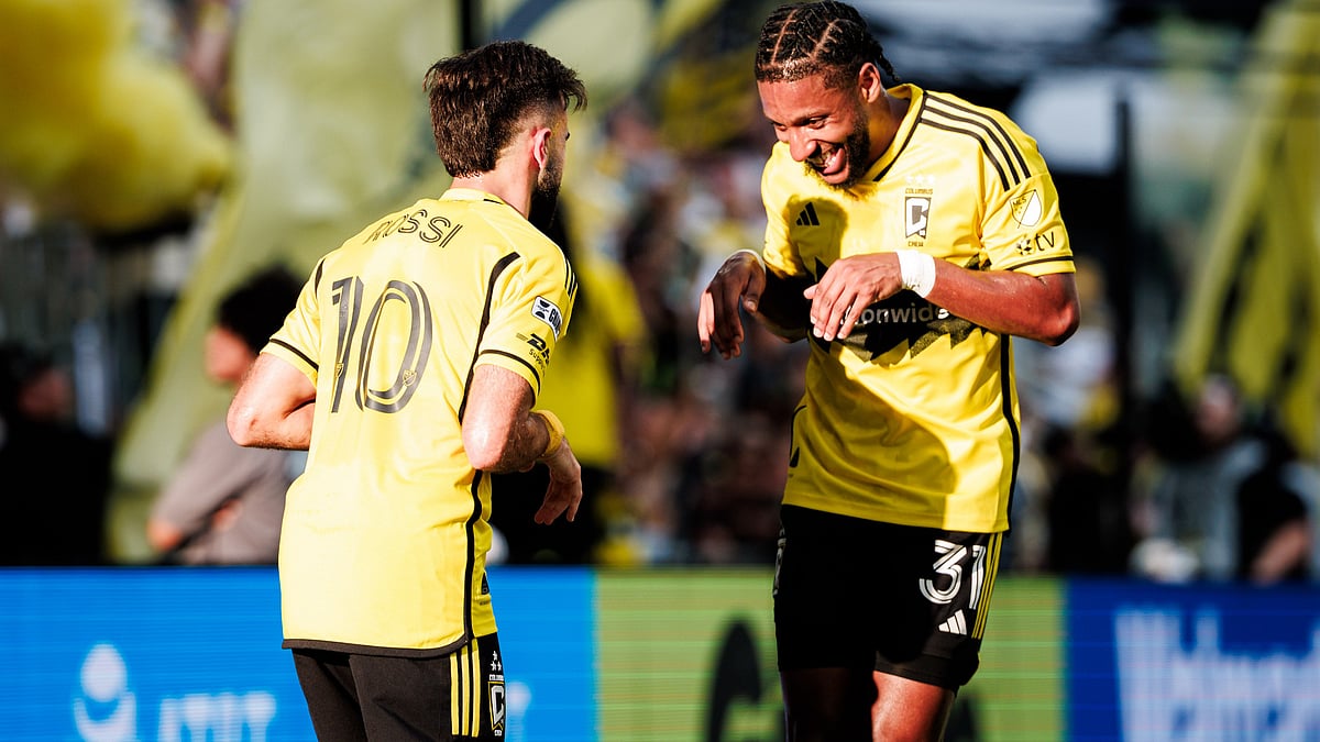 | Photo: X/ColumbusCrew : Toluca vs Columbus Crew, Leagues Cup 2025: Diego Rossi and Steven Moreira celebrate after the former's goal in the matchday 1 fixture.