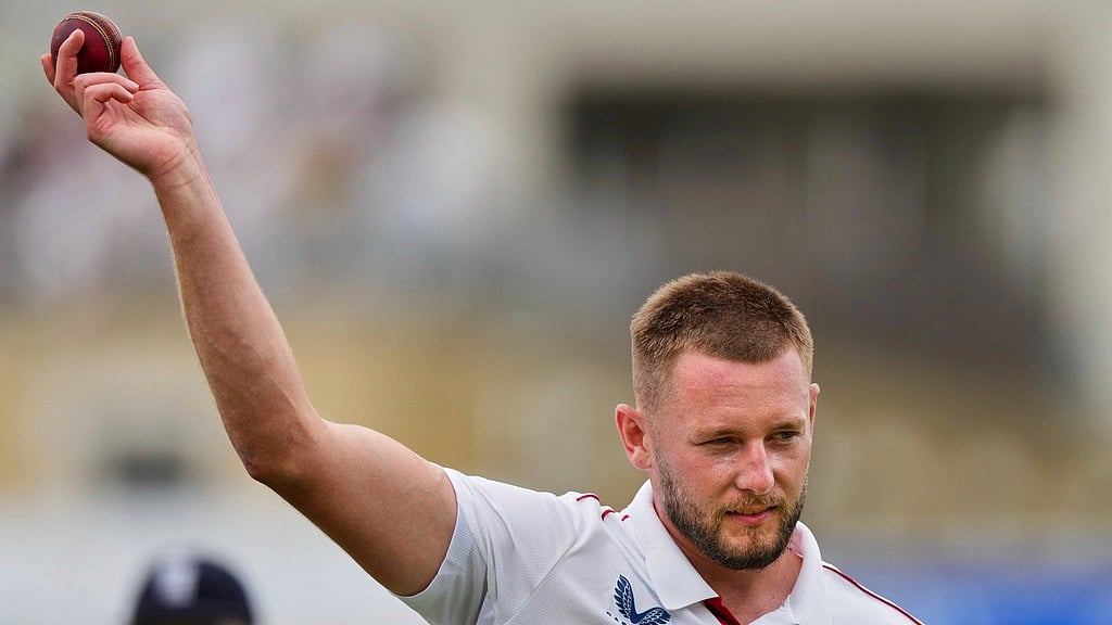 AP/Kirsty Wigglesworth : England's Gus Atkinson celebrates with the ball after gets five wickets during the second day of the fifth Test.