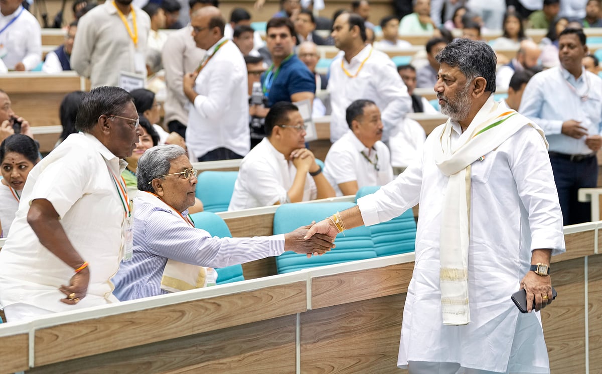 Ravi Choudhary, PTI : Karnataka Chief Minister and Congress leader Siddaramaiah with Deputy CM and party leader DK Shivakumar, and party leader V Narayanasamy during Congress' Annual Legal Conclave, in New Delhi, Saturday, Aug 2, 2025. 