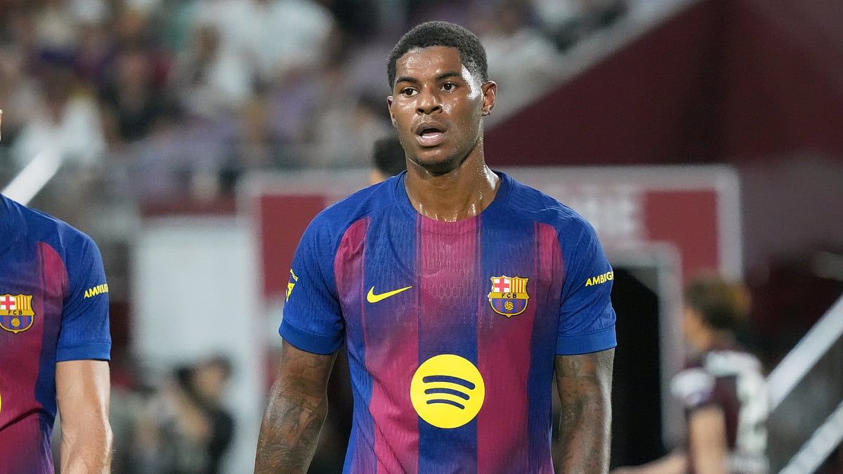 File : File photo of Marcus Rashford in action for FC Barcelona.