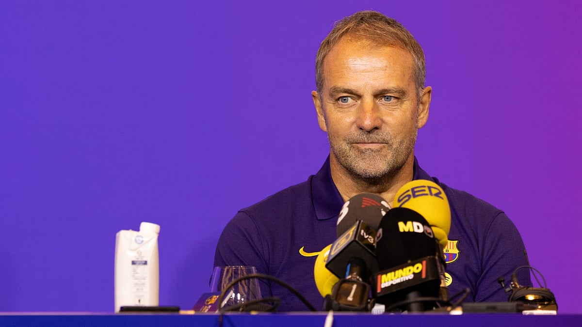 File : Hansi Flick at a Barcelona press conference during their Far East tour.