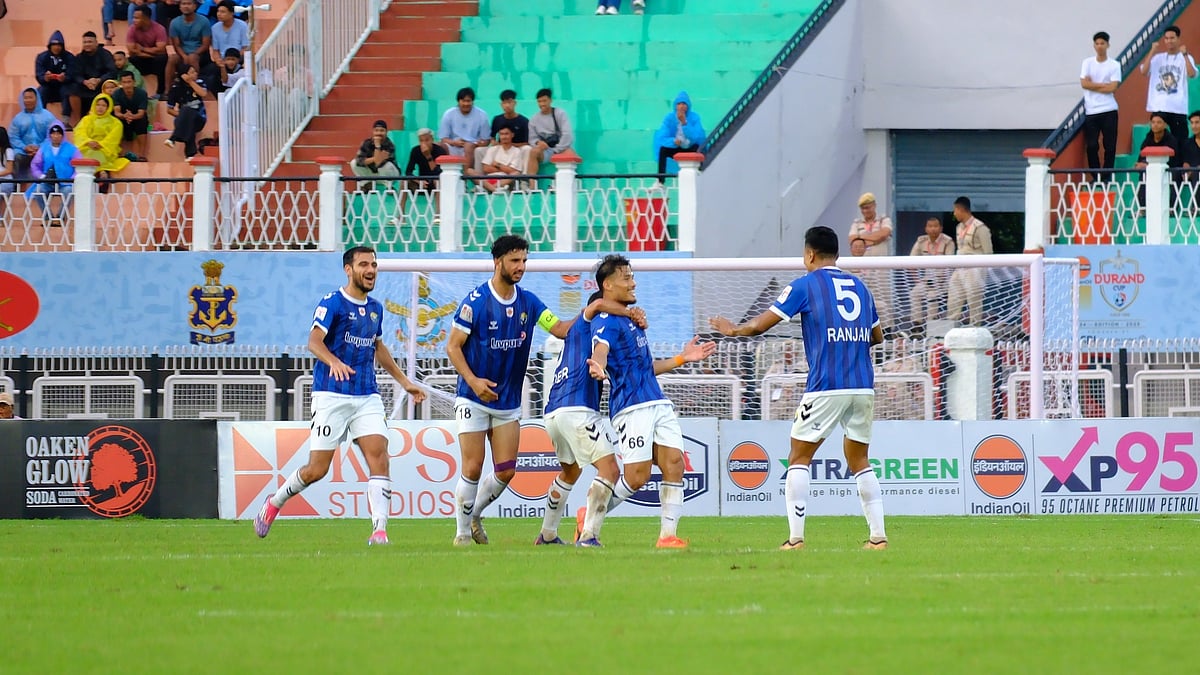 | Photo: Durnad Cup/KUNAL BAGCHI                                                                                                                                                                                                                                                    : TRAFU FC vs Real Kashmir FC, Durand Cup 2025: Rohen Singh celebrates after scoring in the Group F fixture.