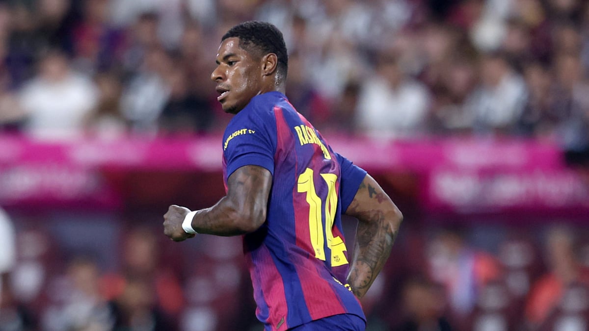Daegu FC vs FC Barcelona: Marcus Rashford celebrates his goal in the pre-season match.