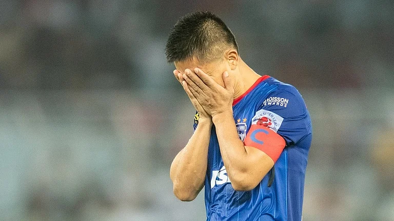 Bengaluru FC's Sunil Chhetri reacts after the ISL 2024-25 final match against Bengaluru FC. - | Photo: FSDL/ISL