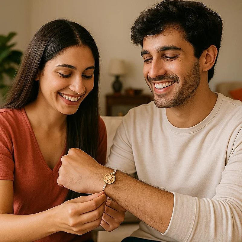 A sister tying rakhi to her brother on Raksha Bandhan