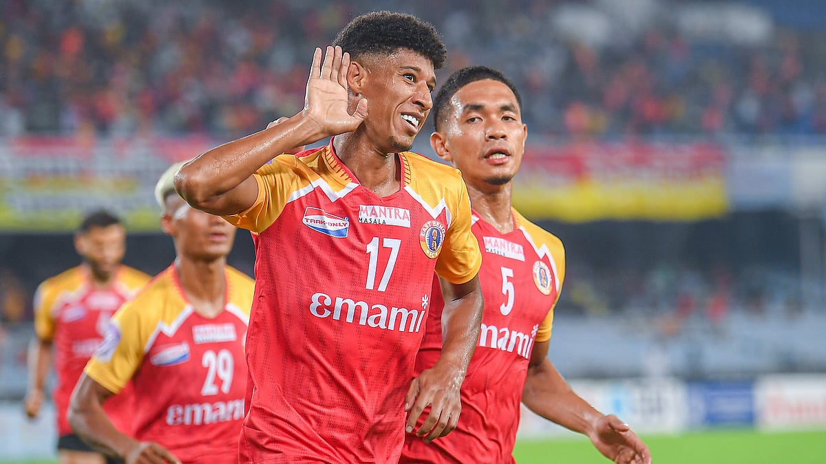 | Photo: Durand Cup : East Bengal vs Namdhari FC, Durand Cup 2025: Hamid Ahadadi celebrates with Lalchungnuga after scoring a goal for his side during the Durand Cup Group A fixture at Vivekananda Yuba Bharati Stadium in Kolkata on 6 August 2025.