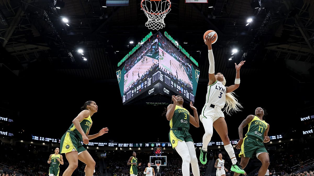 DiJonai Carrington #3 of the Minnesota Lynx shoots against Seattle Storm during the second half at Climate Pledge Arena on August 05, 2025 in Seattle, Washington.