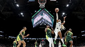DiJonai Carrington #3 of the Minnesota Lynx shoots against Seattle Storm during the second half at Climate Pledge Arena on August 05, 2025 in Seattle, Washington.