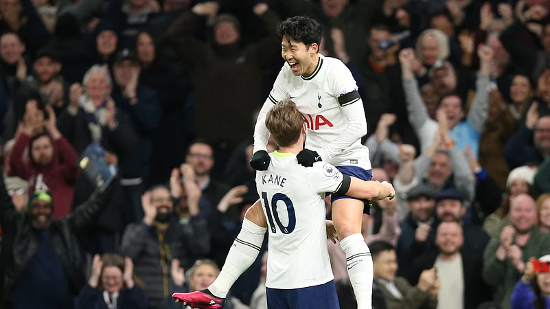 Harry Kane and Heung-min Son celebrate for Tottenham.