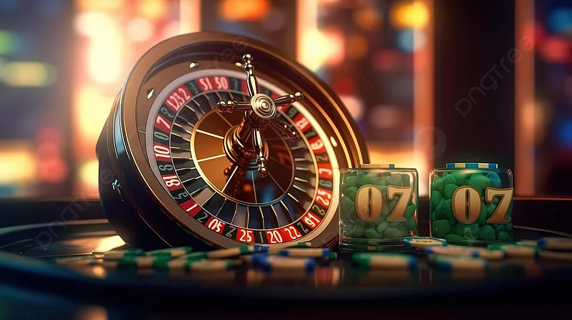 Roulette wheel with chips and dice showing 07