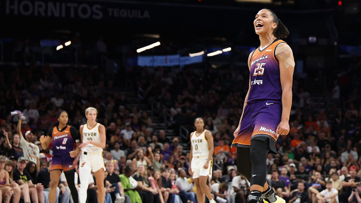 Alyssa Thomas #25 of the Phoenix Mercury reacts after a turnover against the Indiana Fever during the second half of the WNBA game at PHX Arena on August 07, 2025 in Phoenix, Arizona.