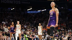 Alyssa Thomas #25 of the Phoenix Mercury reacts after a turnover against the Indiana Fever during the second half of the WNBA game at PHX Arena on August 07, 2025 in Phoenix, Arizona.