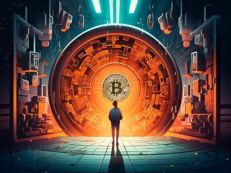 A man stading in front of a big bitcoin