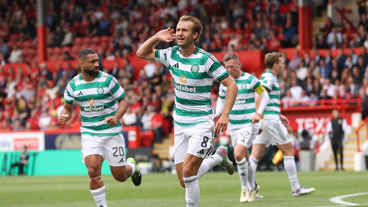 Aberdeen Vs Celtic, Scottish Premiership 2025-26: Benjamin Nygren celebrates after scoring his first goal for Celtic.