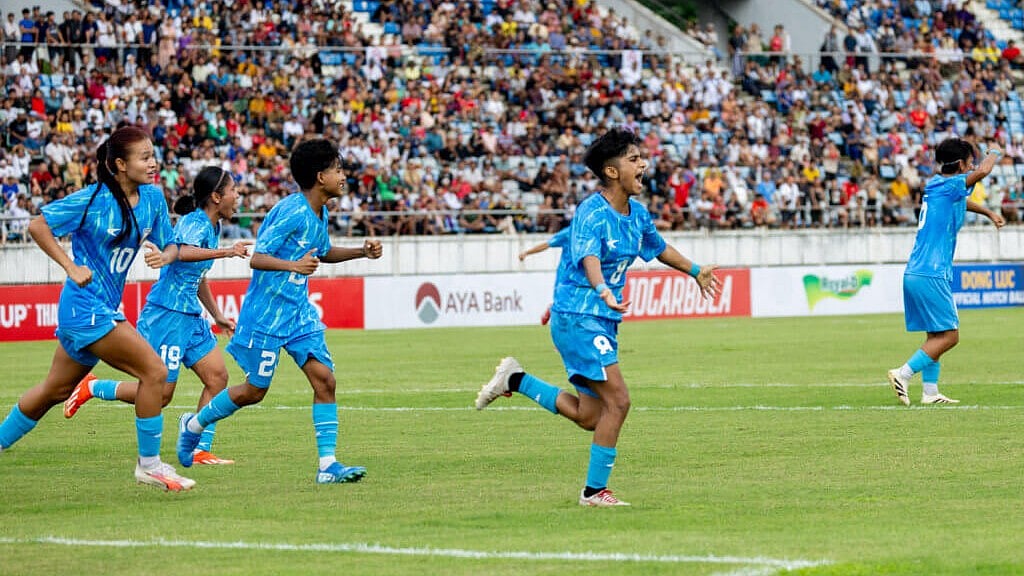 AIFF : India Vs Myanmar, AFC U20 Women’s Asian Cup Qualifiers: Young Tigresses celebrate Pooja's goal.
